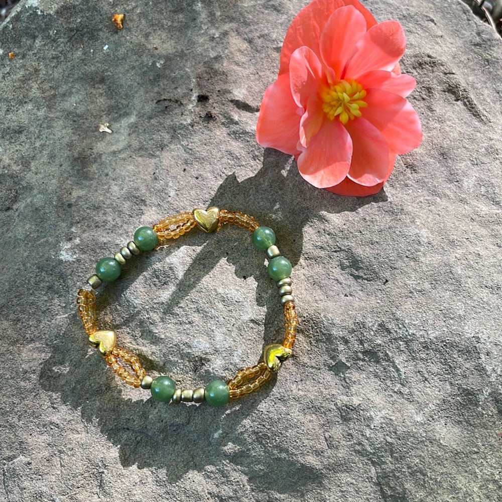 Handmade Boho Beaded Elastic Bracelet w New & Upcycled Beads in Jade & Goldtones